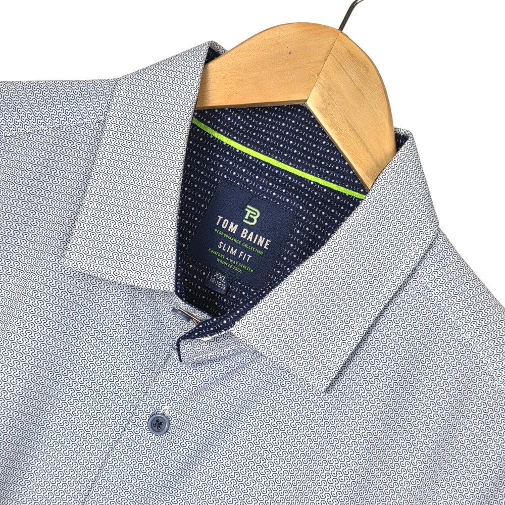Tom Baine Men's Performance Dress Shirt XXL Blue Slim‎ Fit Wrinkle Free Stretch